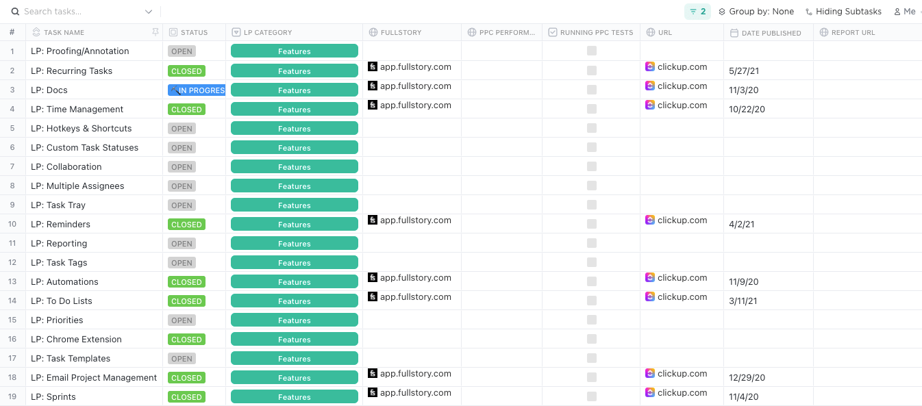 landing page database Table view