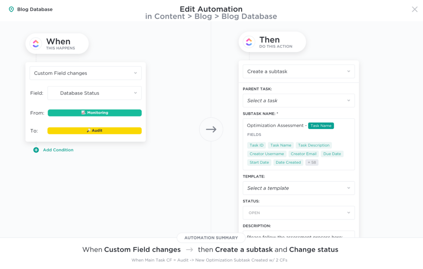 abgeschlossene ClickUp Custom Field Automation