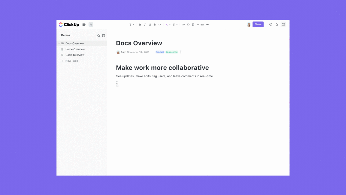 ClickUp Docs avec détection et modification en cours en collaboration