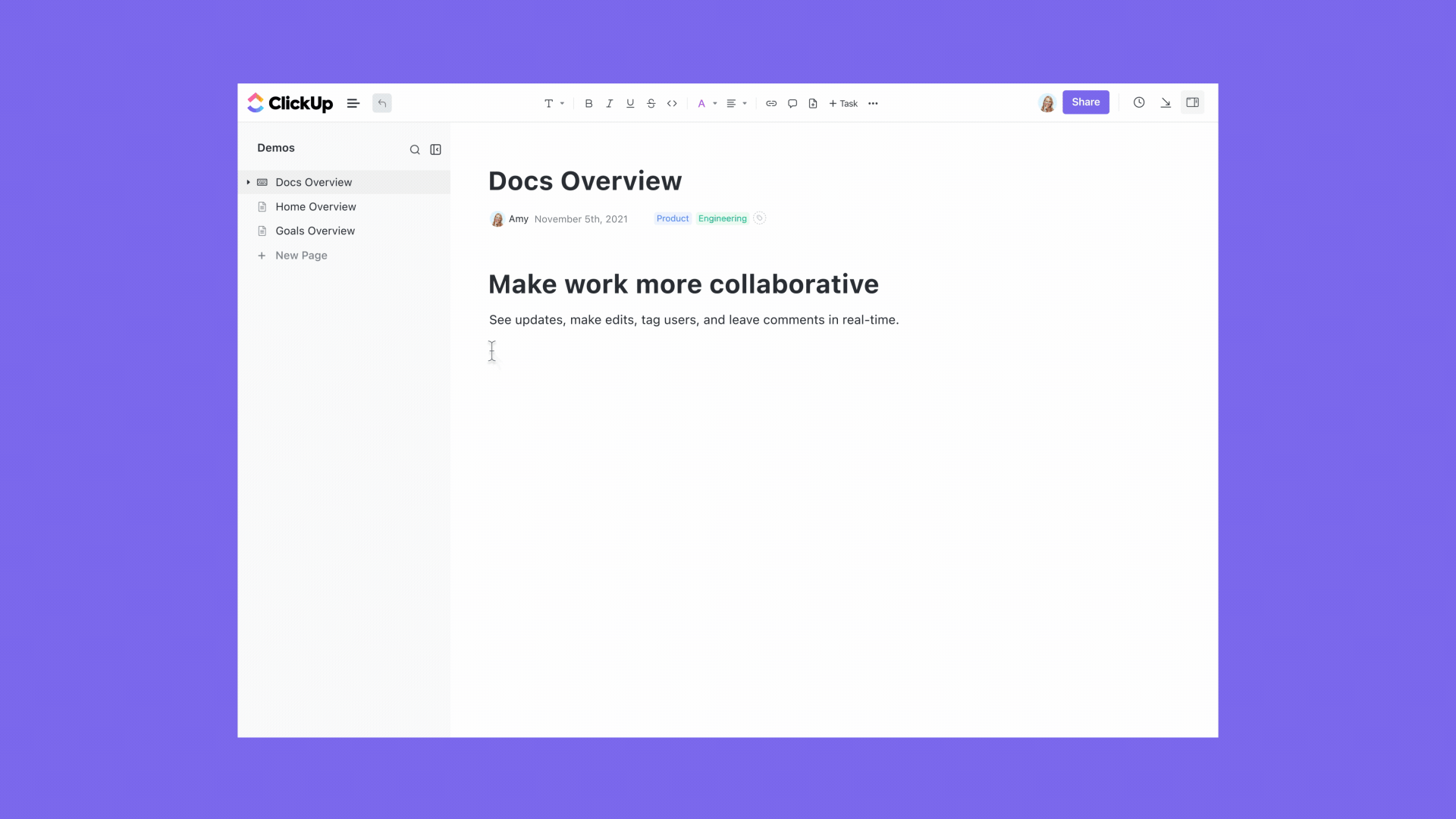 ClickUp Docs with collaborative detection and editing 