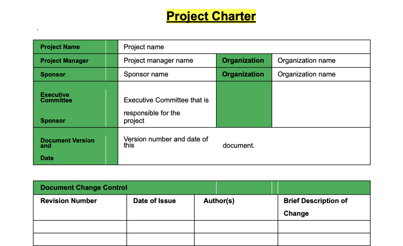 Project charter template from Excel