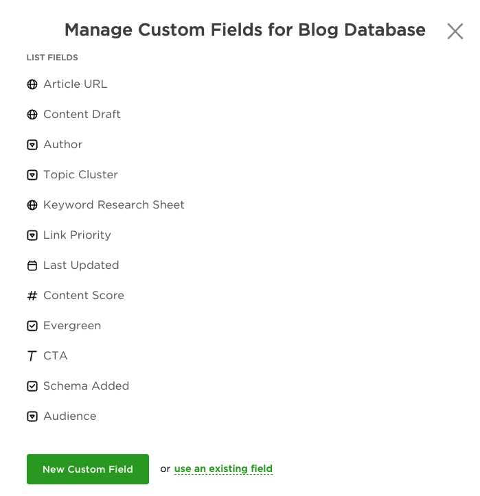 ClickUp's Manage Custom Fields for Blog Database Feature