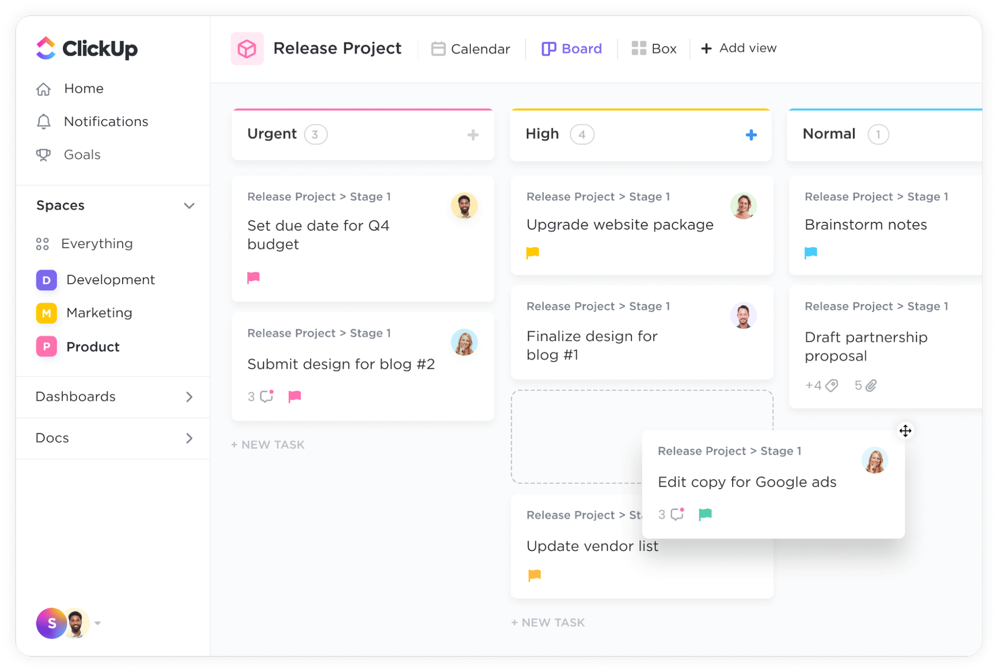 GIF illustrant les tableaux Kanban ClickUp avec des tâches organisées en différentes colonnes : outils de test d'automatisation
