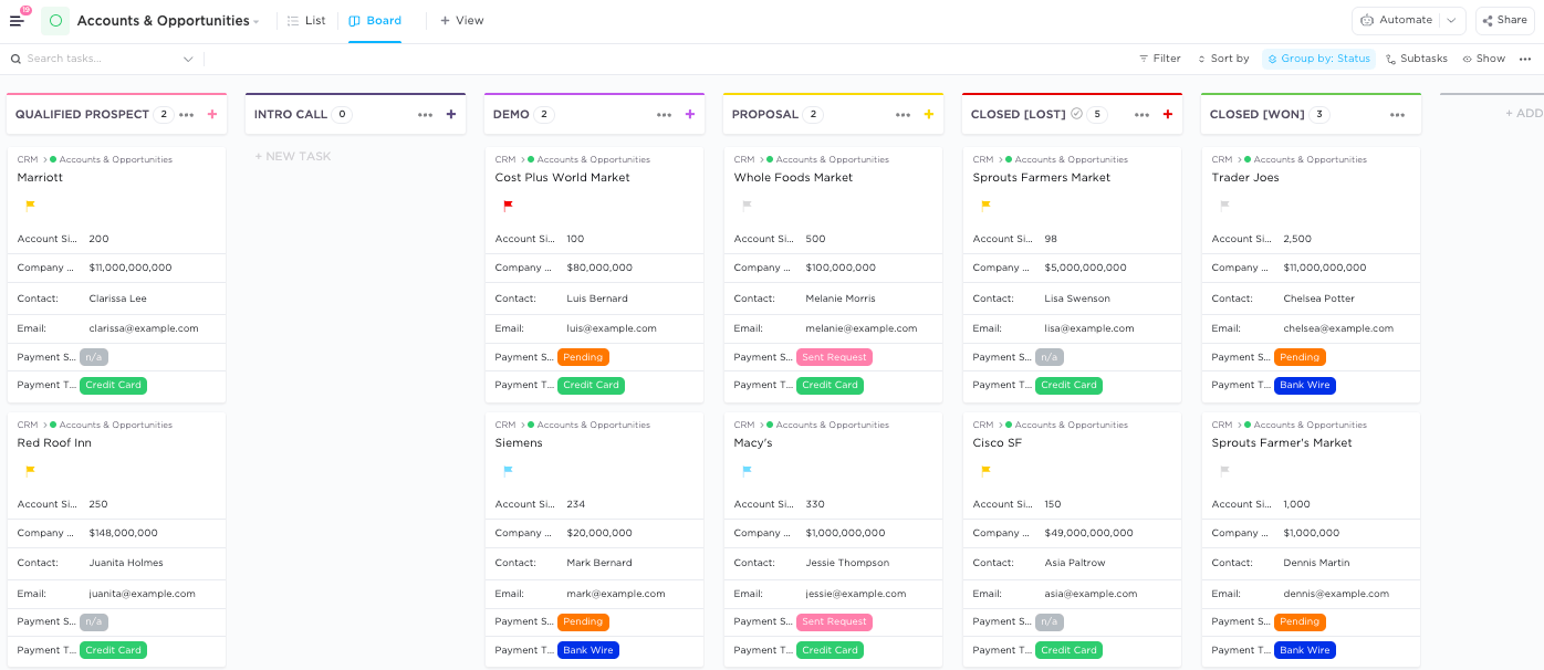 Accounts and Opportunities Board view in ClickUp's CRM Template