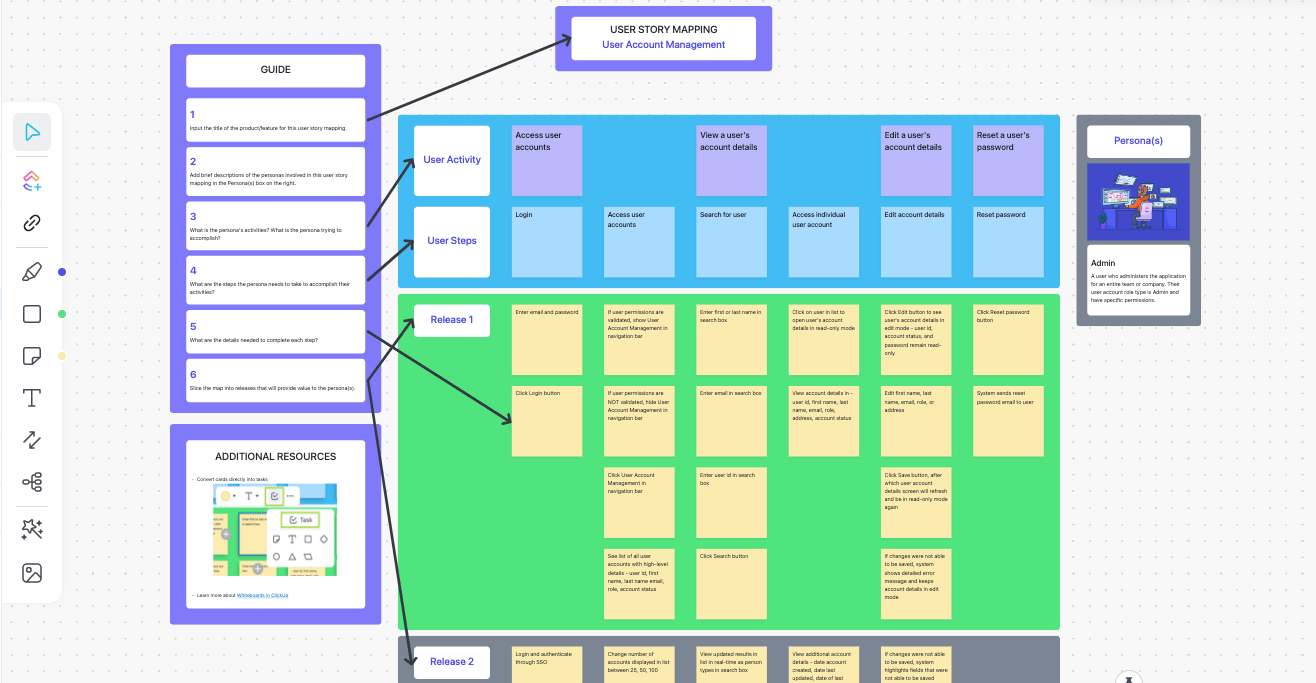 Plan every step of the user experience before the development phase with this User Story Mapping Whiteboard Template by ClickUp