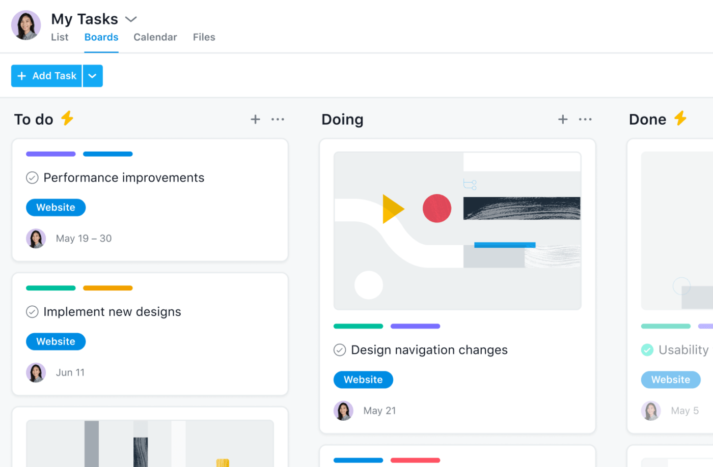 Kanbanize alternatives: screenshot of Asana's board view