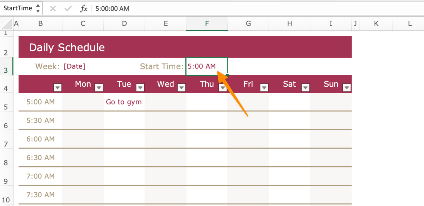 double click the cell to change the starting date and time interval in the excel spreadsheet