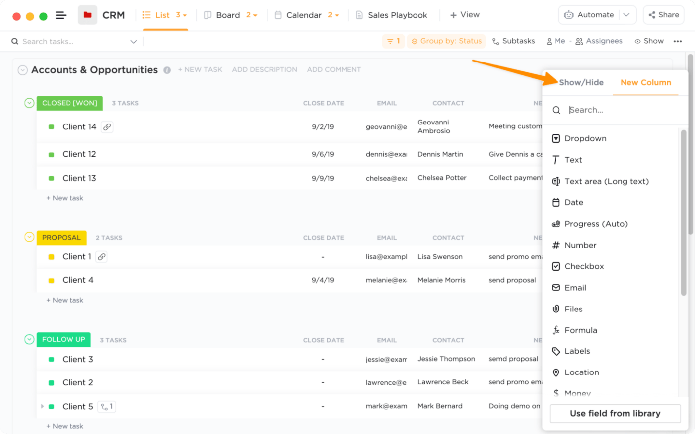 a custom crm in clickup allows you to choose what information you want to see about a lead, client, or account