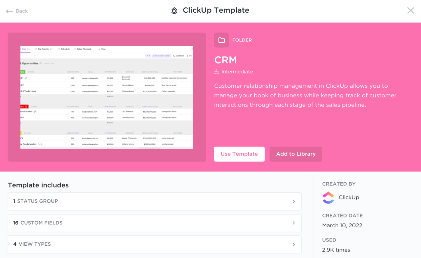 use the crm in clickup template to bring business processes and customer data into one custom software