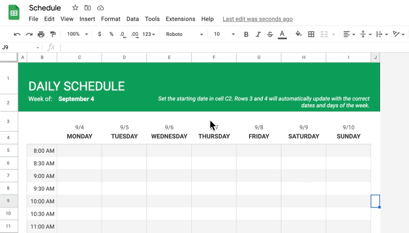 change the starting date on the sheets weekly schedule template