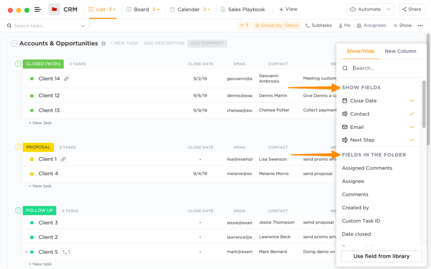 manage a custom crm in clickup by creating unique task fields to manage client phone numbers, emails, notes, and prospect items