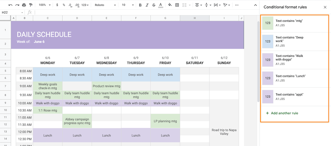 automatically update events, appointments, and meetings with conditional formatting in google schedule template
