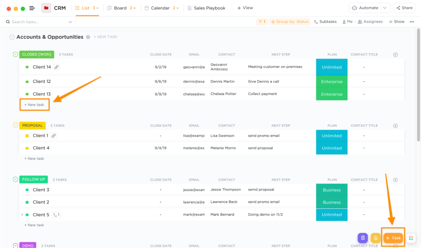 create a task in clickup to capture new customer relationships and business relationships in your custom crm