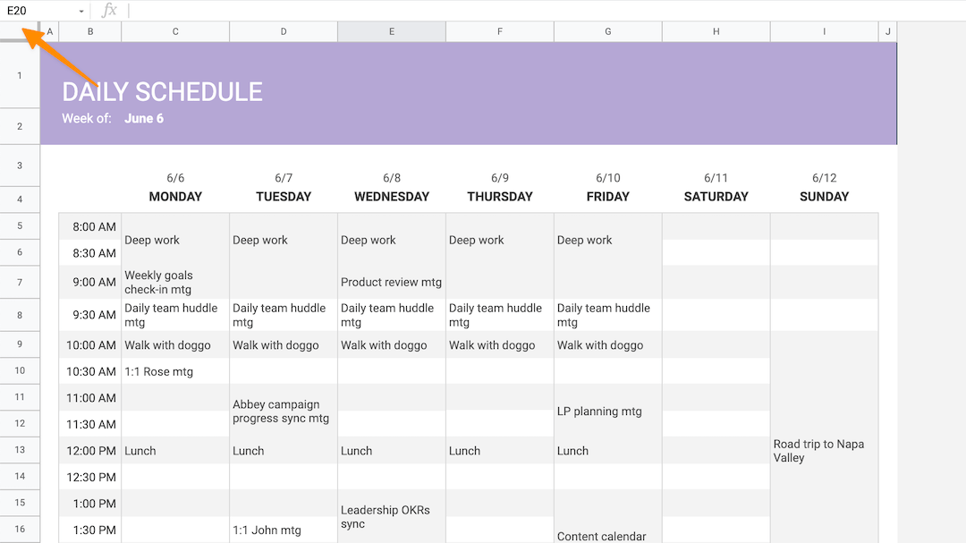 click on select all icon in the schedule template to highlight all cells 