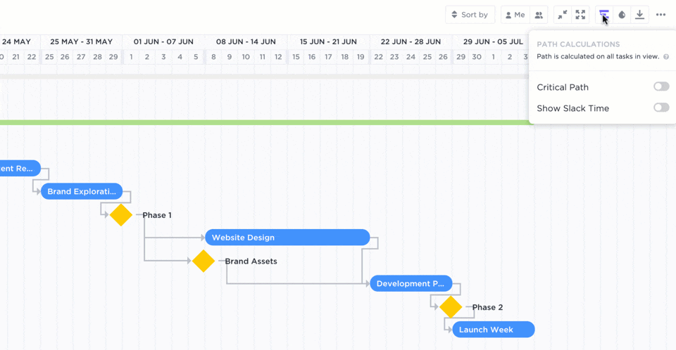 Calculate the progress on your critical path with ClickUp's Gantt view