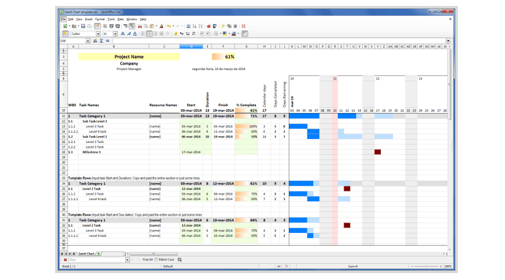 Modello di diagramma di Gantt da Libreoffice