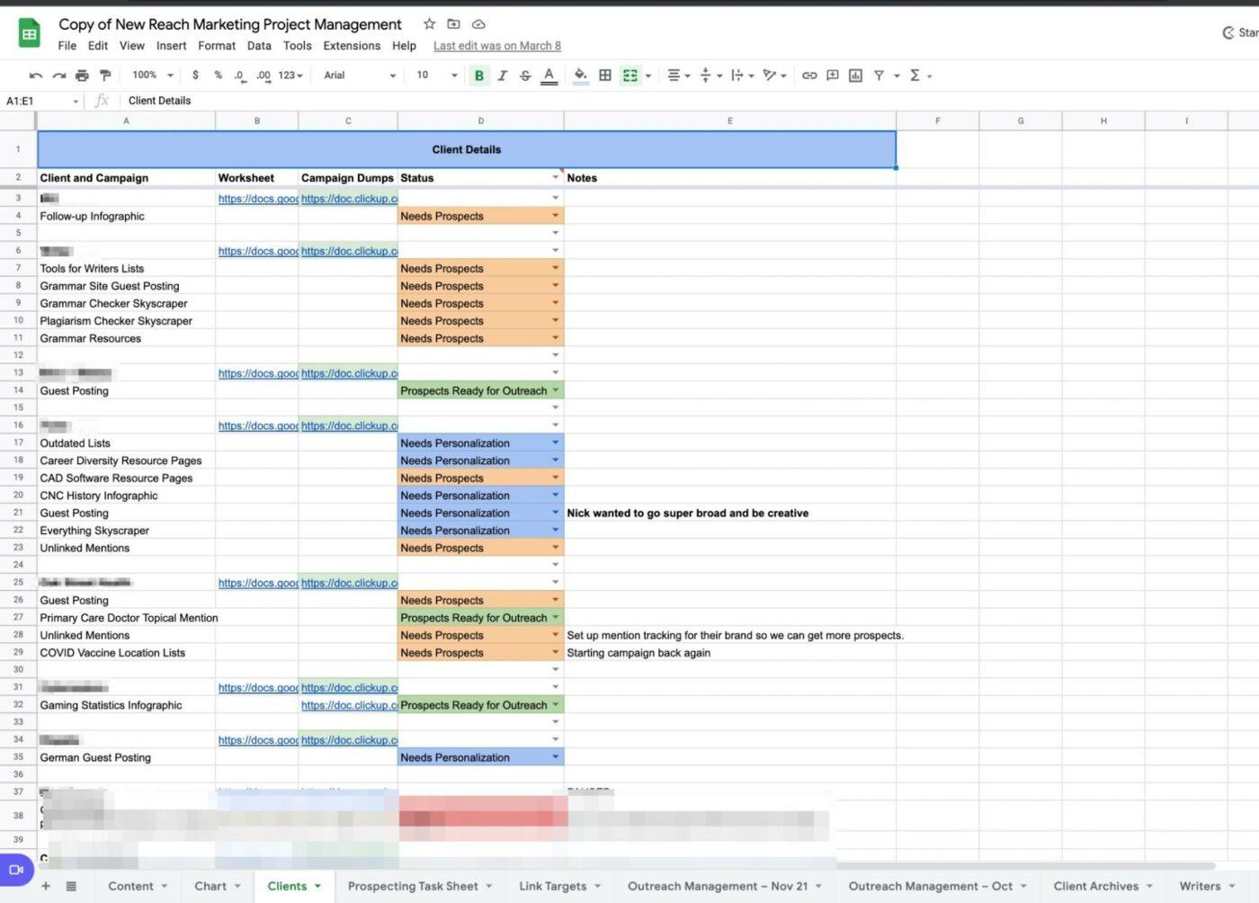 Marketing Project Management Excel spreadsheet
