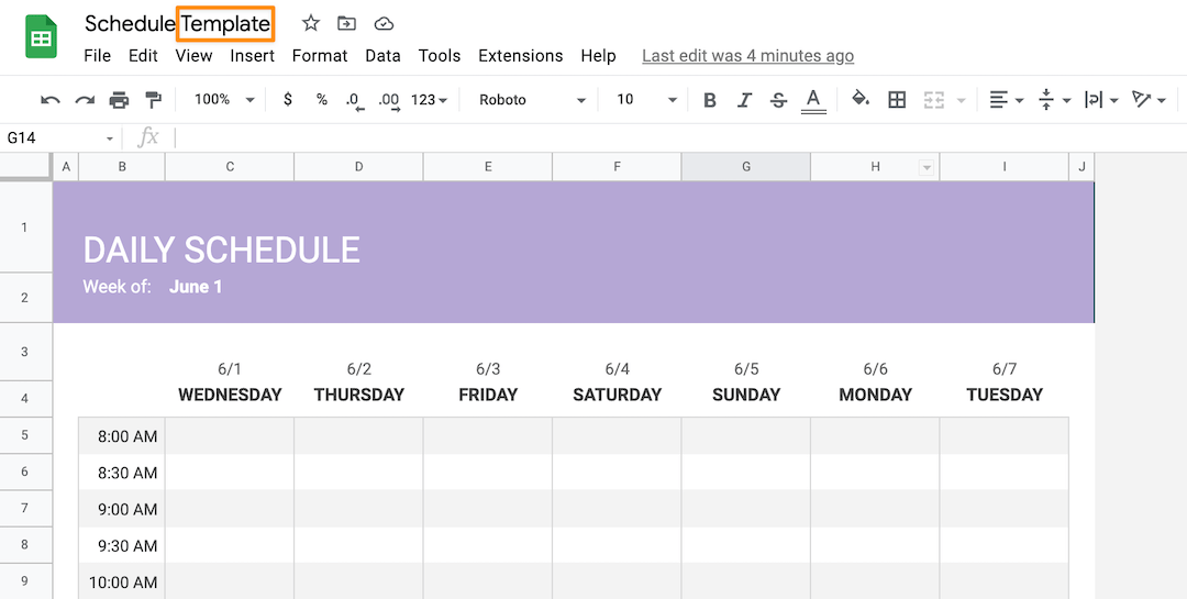 title the sheets page schedule template for future use