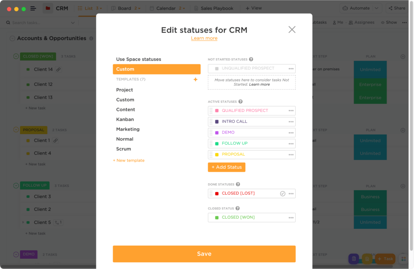 Create a business workflow for your sales pipeline to manage your custom crm in ClickUp