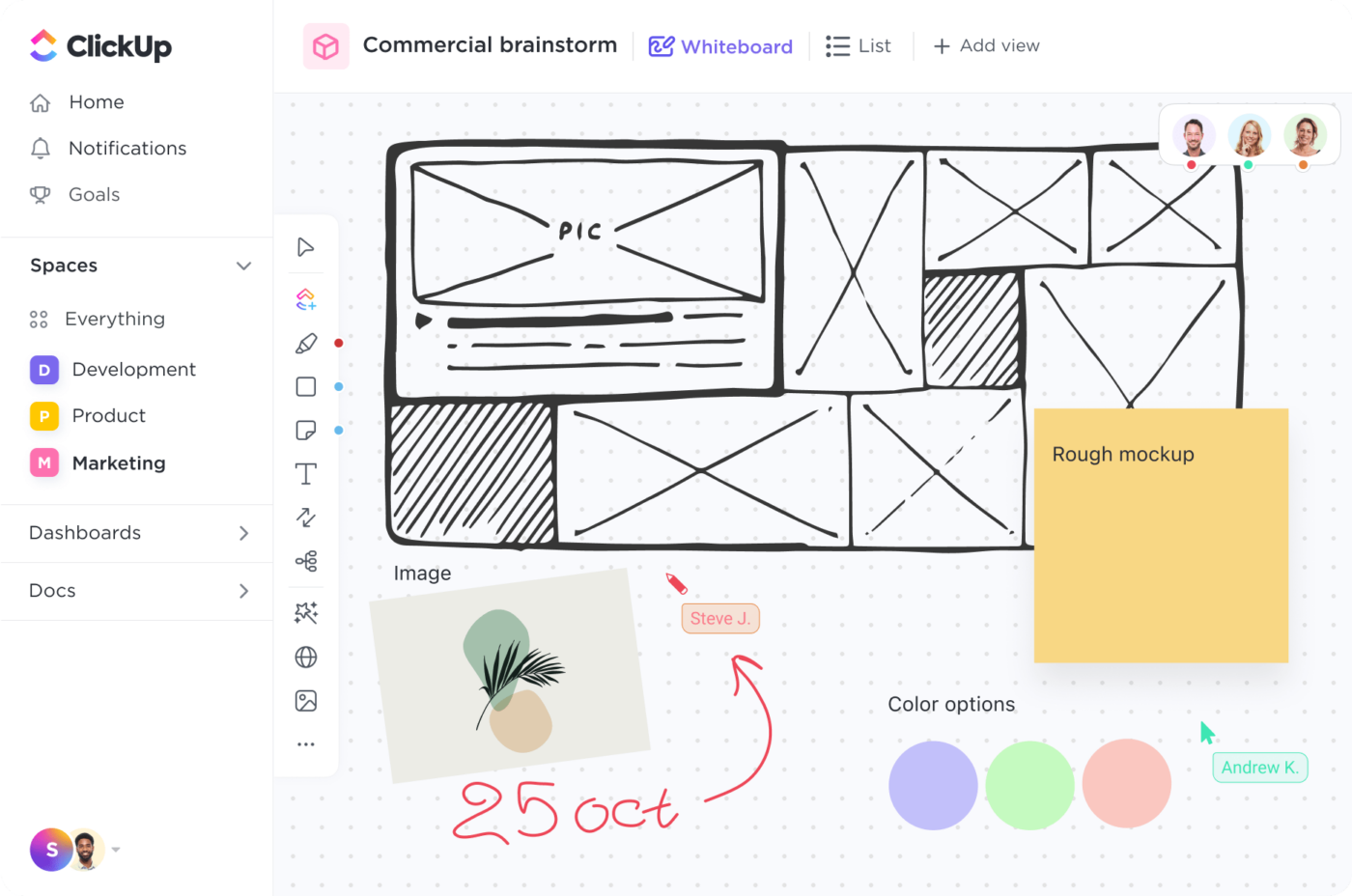 Create quick drawings or mockups in ClickUp Whiteboards