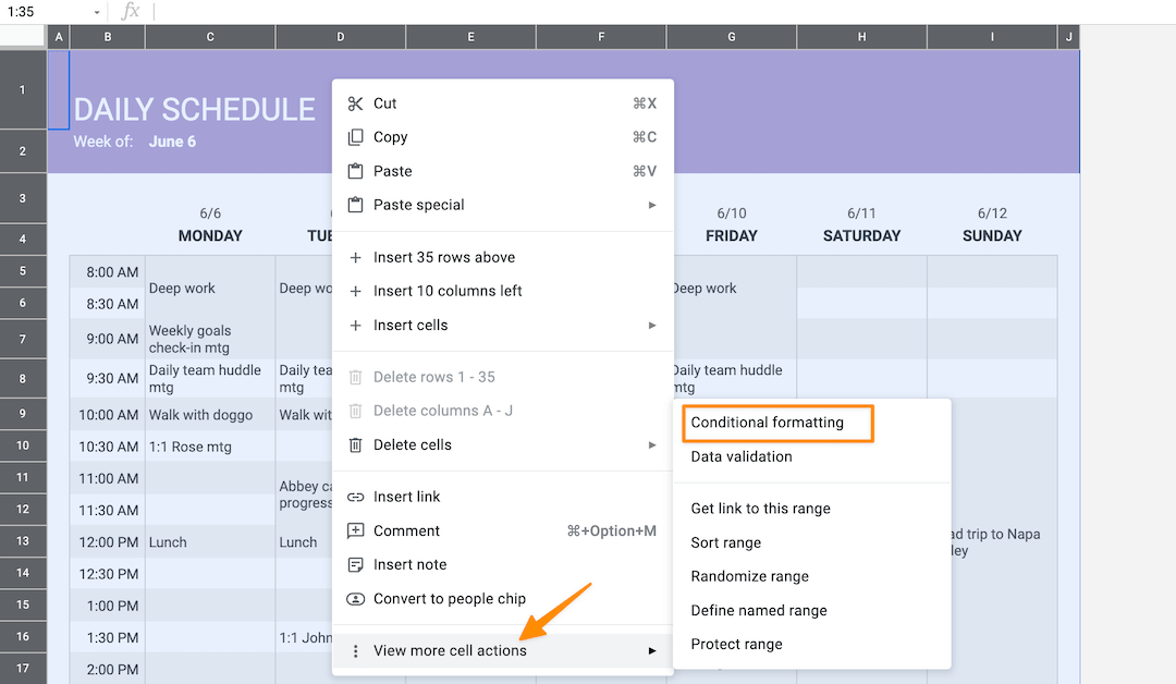 use google sheets conditional formatting to create color categories in the schedule template