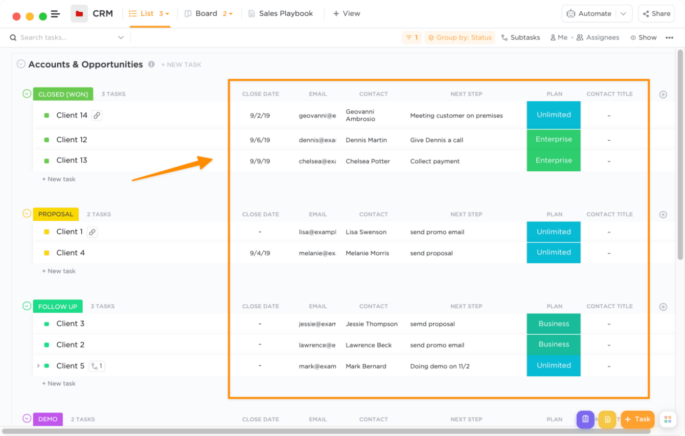 a custom crm system in clickup allows you to add, track, and view contact information