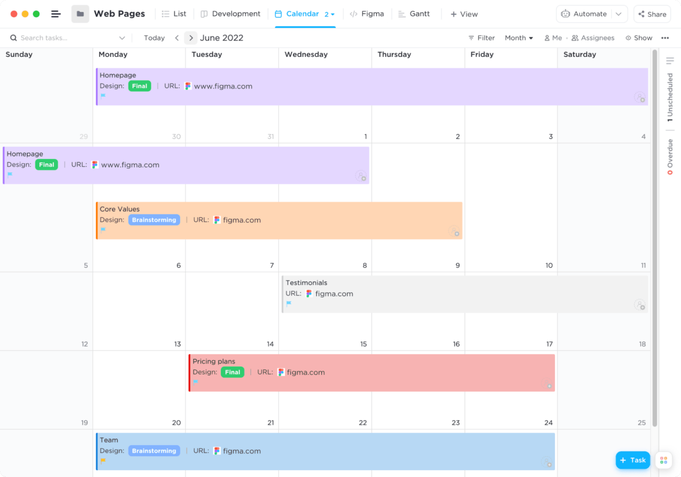 visualizzazione del calendario in ClickUp