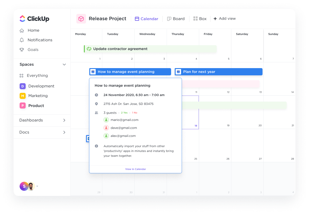 manage work and launch meetings directly from your clickup calendar view 