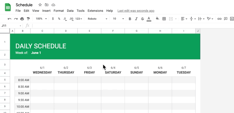 select rows 1 and 2 in the weekly schedule template and change the color