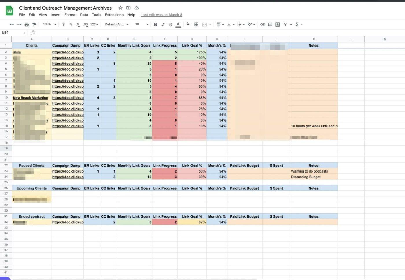 Marketing project management Excel spreadsheet