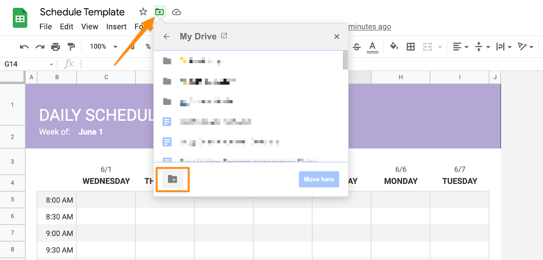 create a template folder in google drive to save your weekly schedule template 