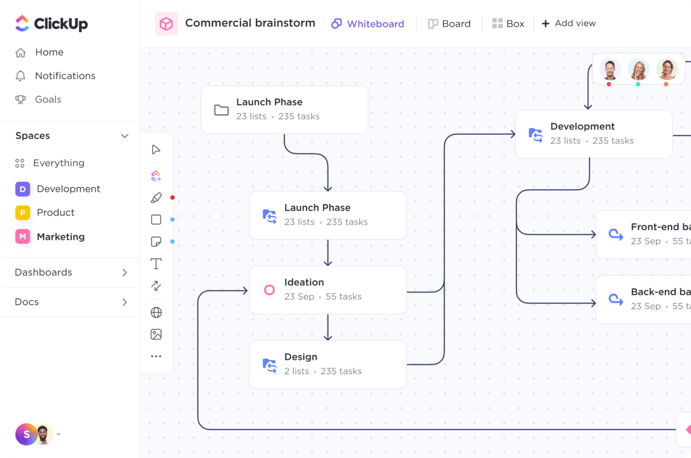 Crear diagramas de gráficos PERT en Pizarras ClickUp