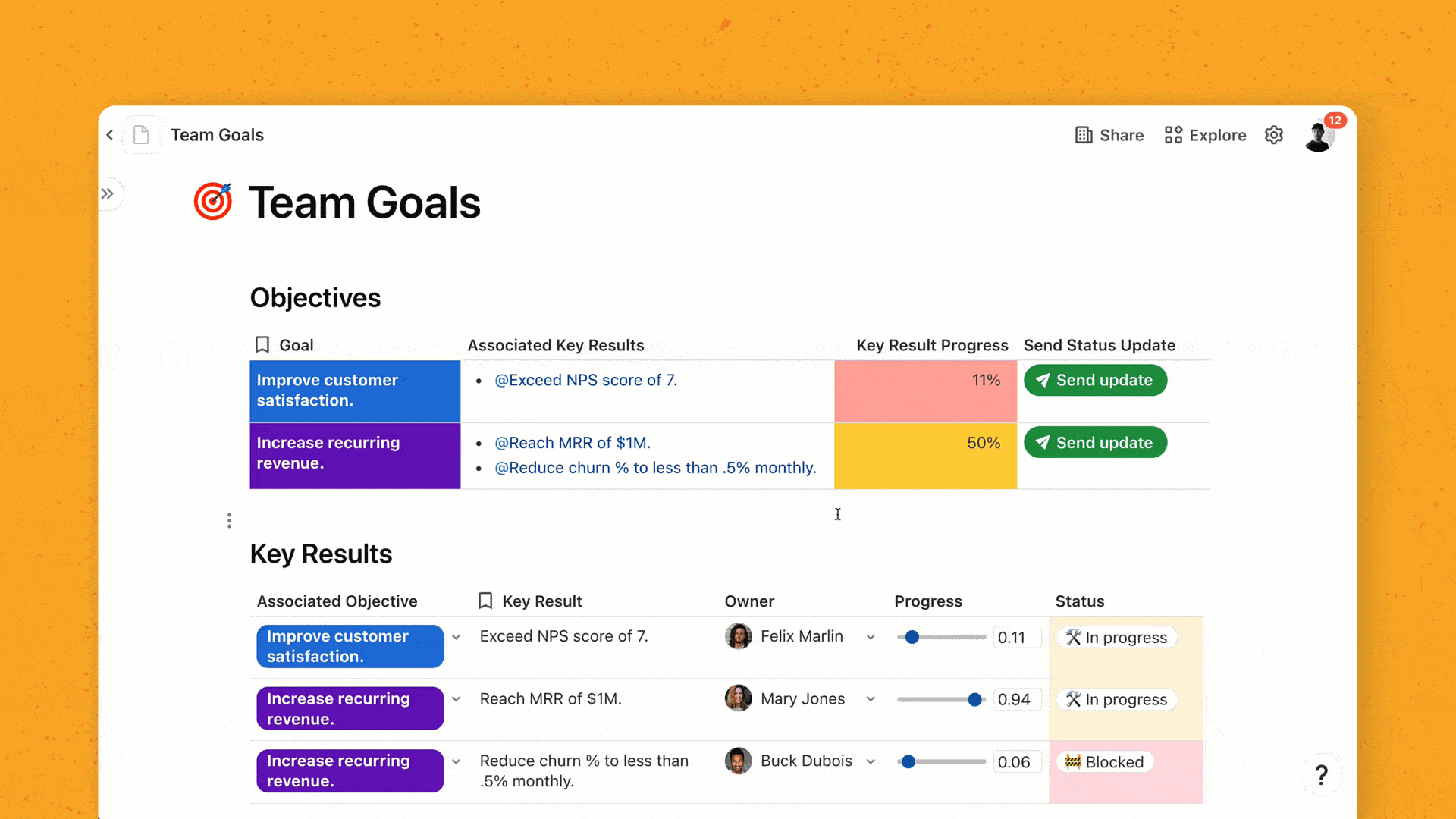 Coda product example of an OKR table