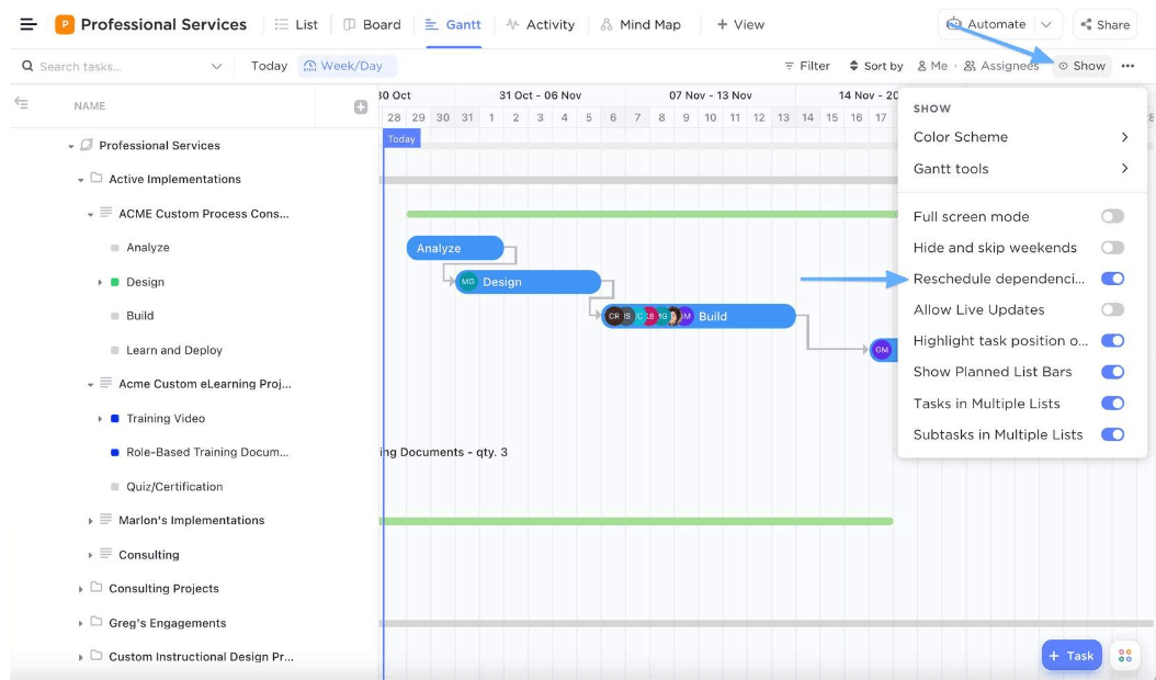 view multiple projects in a clickup gantt chart and reschedule dependencies to visualize the impact of due date changes on tasks