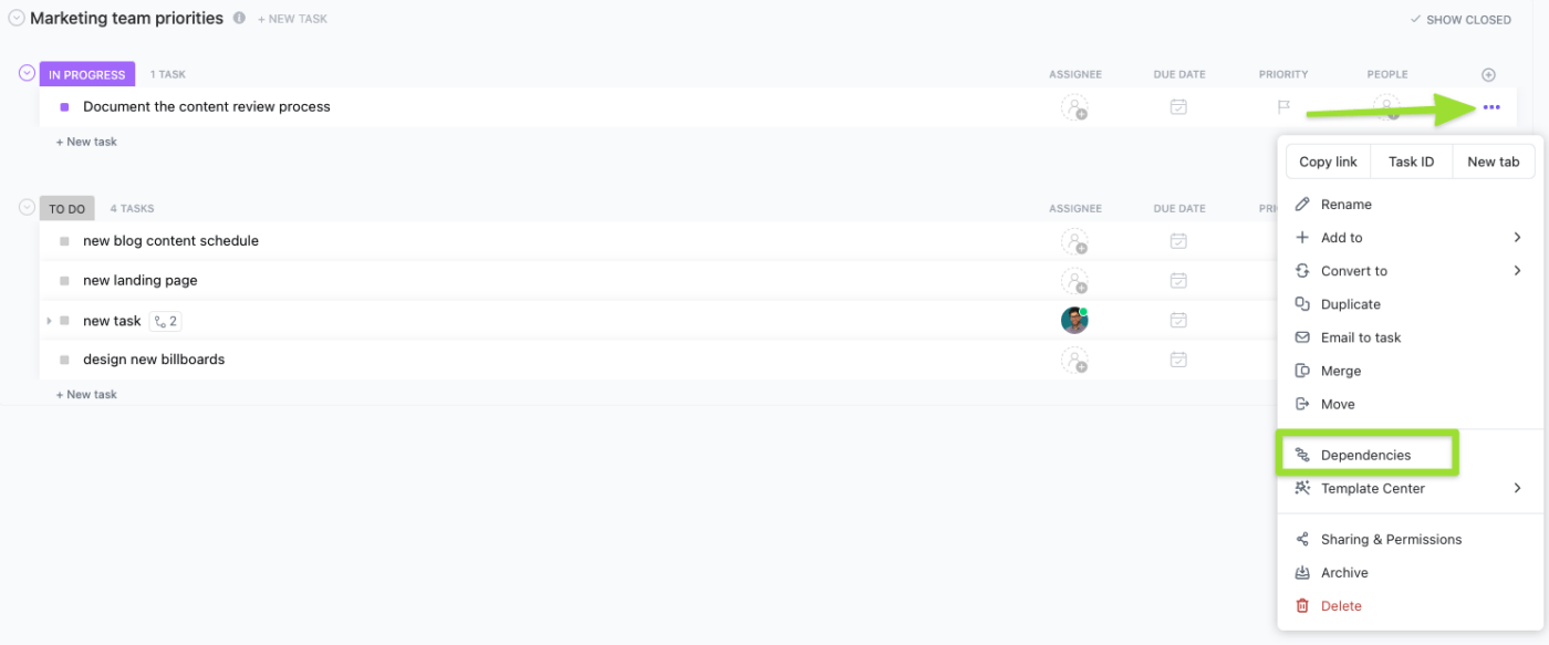 Viewing task dependencies in ClickUp's list view