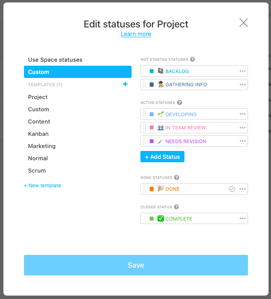 Effectively track progress with custom statuses in ClickUp 