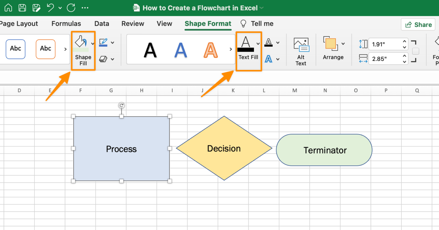 edit the shape styles in the flow chart under the shape format tab