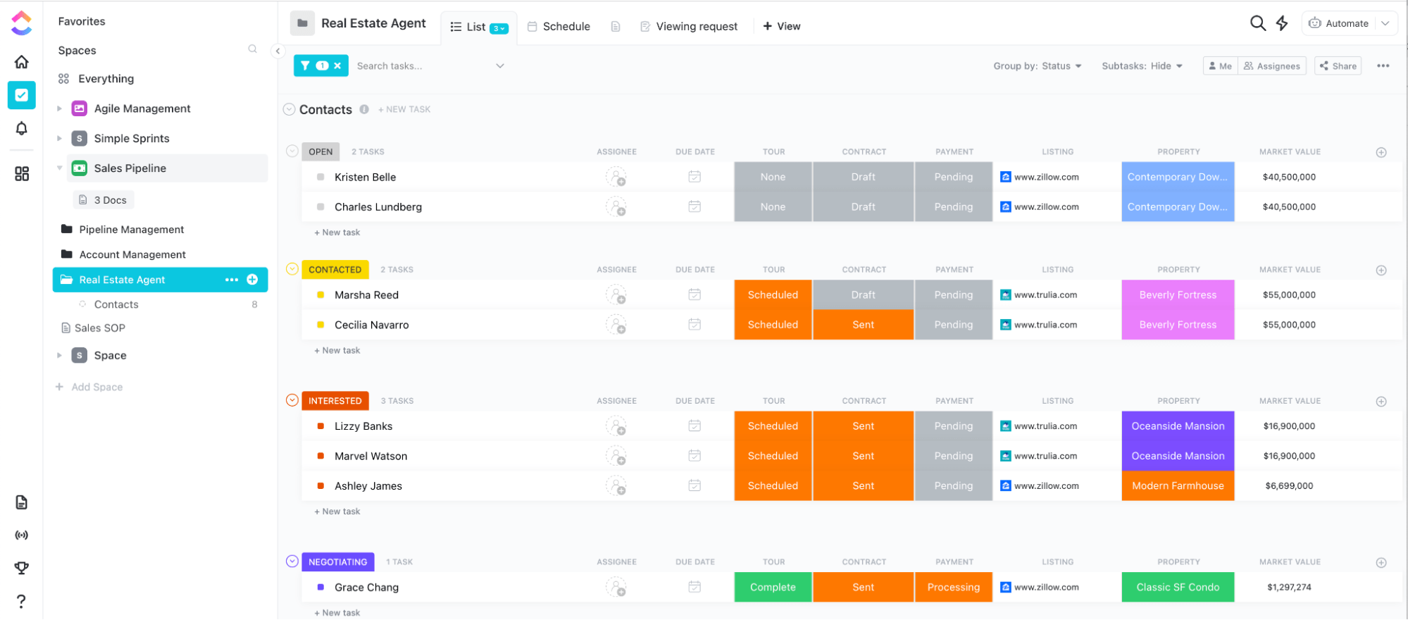 Track contacts, properties, payments, notes, contracts, and more with this ClickUp template