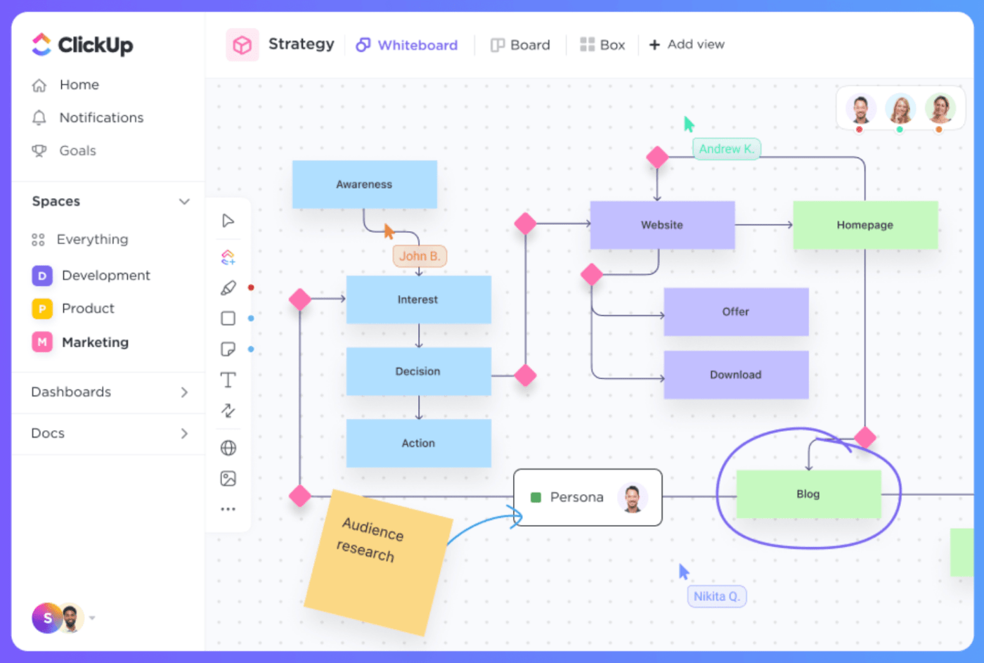 Create org charts with ClickUp Whiteboards