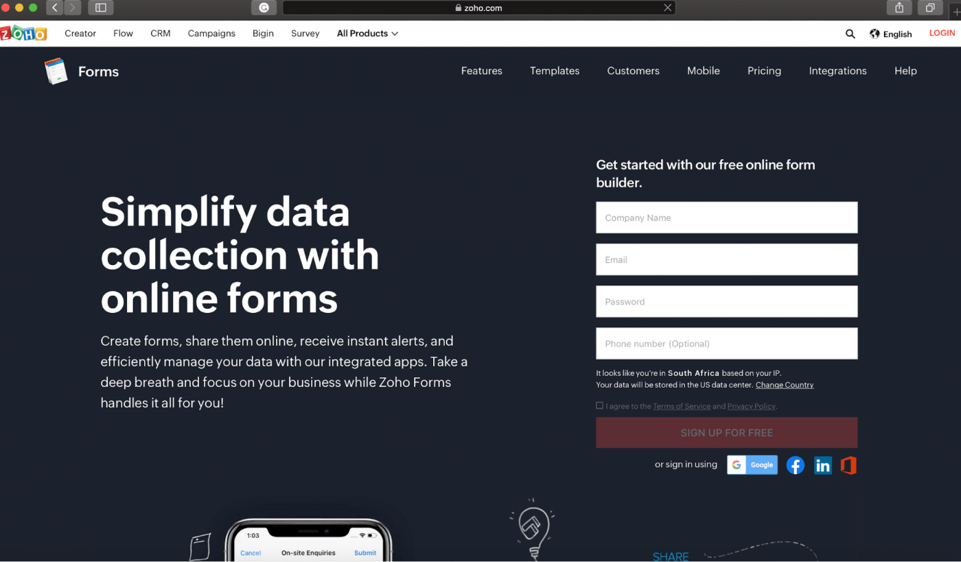 Zoho forms homepage