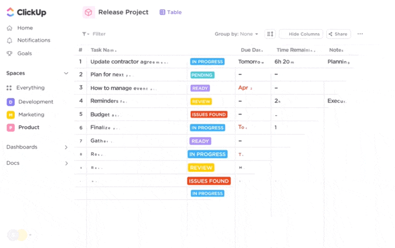 Product development software: ClickUp’s Table, List, Gantt, and Board views