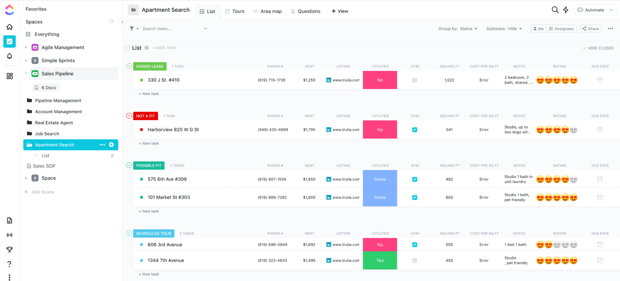 Organisieren Sie anstehende Wohnungsbesichtigungen und Ausstattungen, um Ihren Weg zur perfekten Wohnung mit dieser ClickUp-Vorlage zu beschleunigen