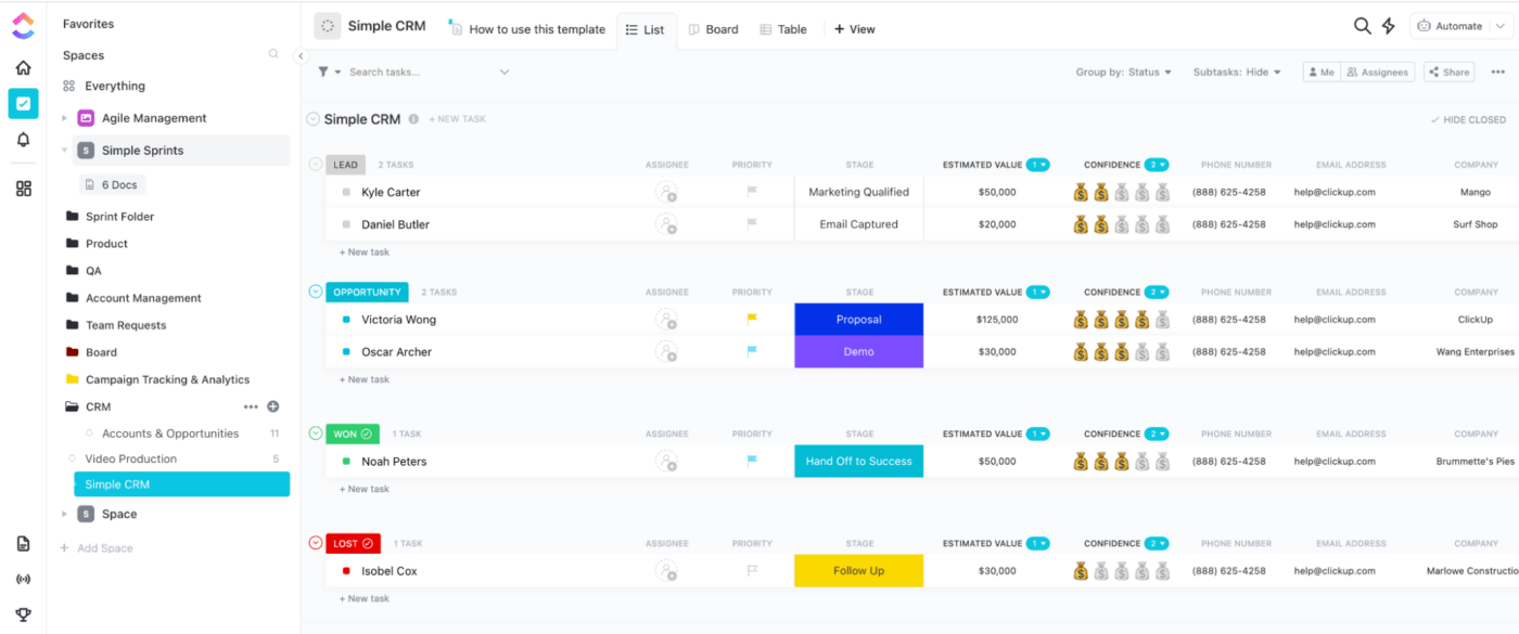 Simple CRM Template by ClickUp