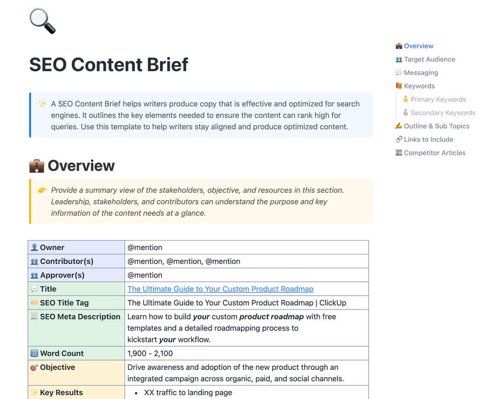 Modelo de resumo de conteúdo de SEO do ClickUp