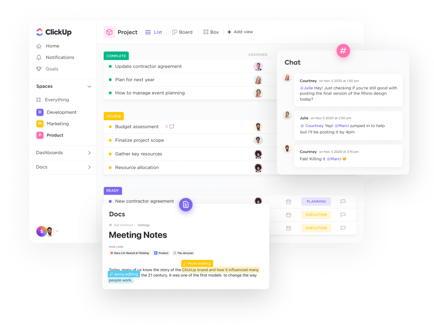 ClickUp Docs, Chat view, and List view