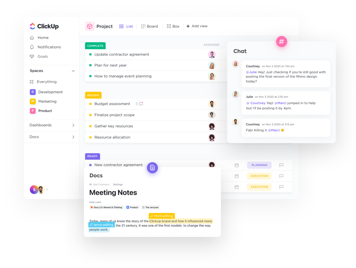 ClickUp Docs, Chat view, and List view