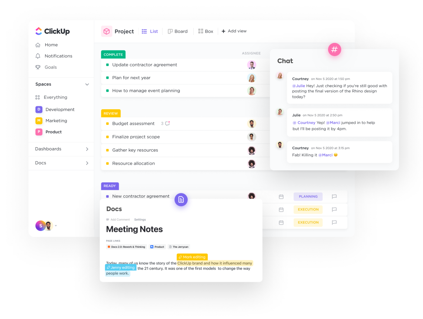 ClickUp Docs, Chat, et Vue Liste dans ClickUp