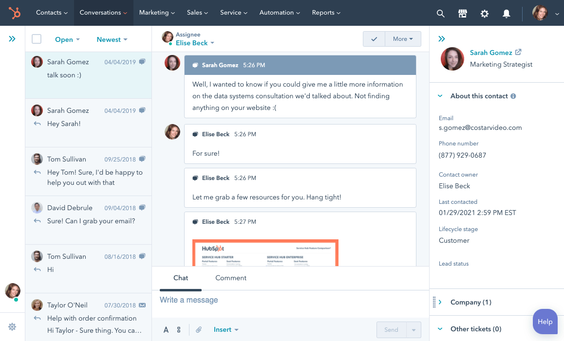 Uno screenshot delle conversazioni del CRM di HubSpot