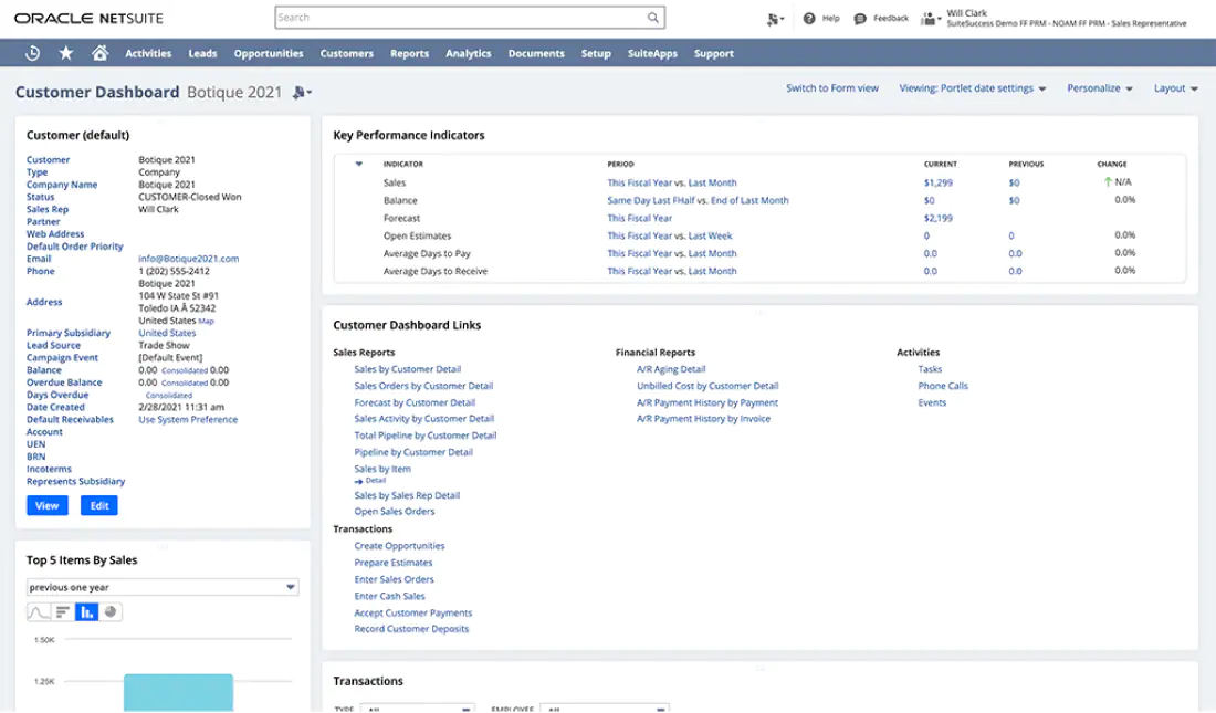 Oracle NetSuite CRM customer dashboard