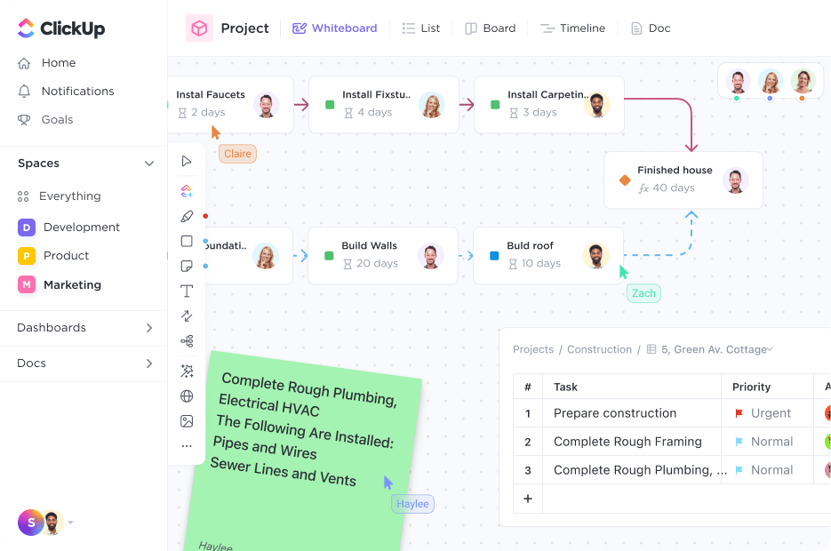 use whiteboards in clickup for project management to build a hierarchical structure of new ideas 